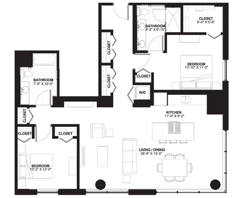 Floor plan for 2 beds, 2 baths, 1410 sqft